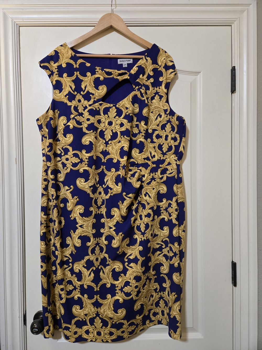 Shelby & Palmer Navy and Gold Baroque Sleeveless Sheath Dress Charming Classic